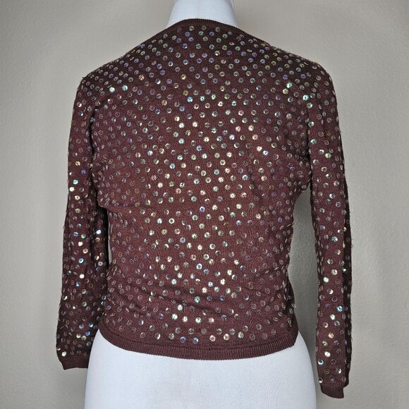 Y2k Vintage M Brown Cardigan Iridescent Sequin Crop Forest Fairy Grunge Boho - Picture 3 of 5
